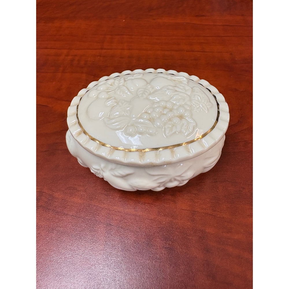Vintage Lenox Ivory Porcelain Trinket Box Oval Fruit Motif Gold Trim